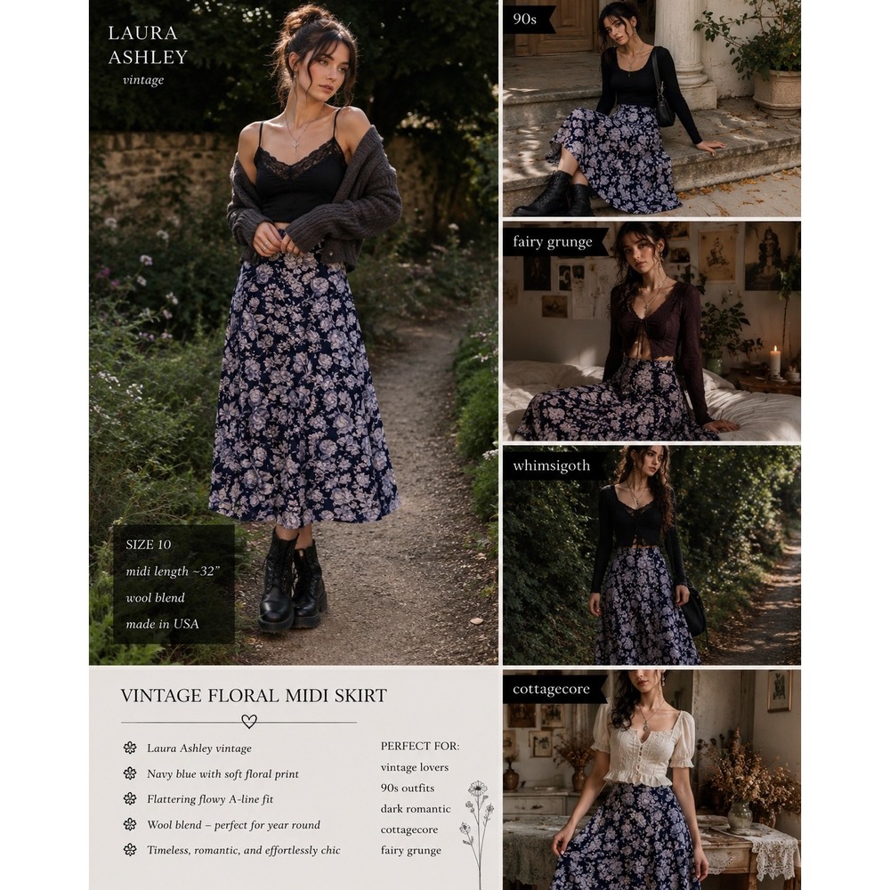 VTG Laura Ashley Floral Midi Skirt Navy Wool Blend 10 90s Cottagecore Whimsigoth
